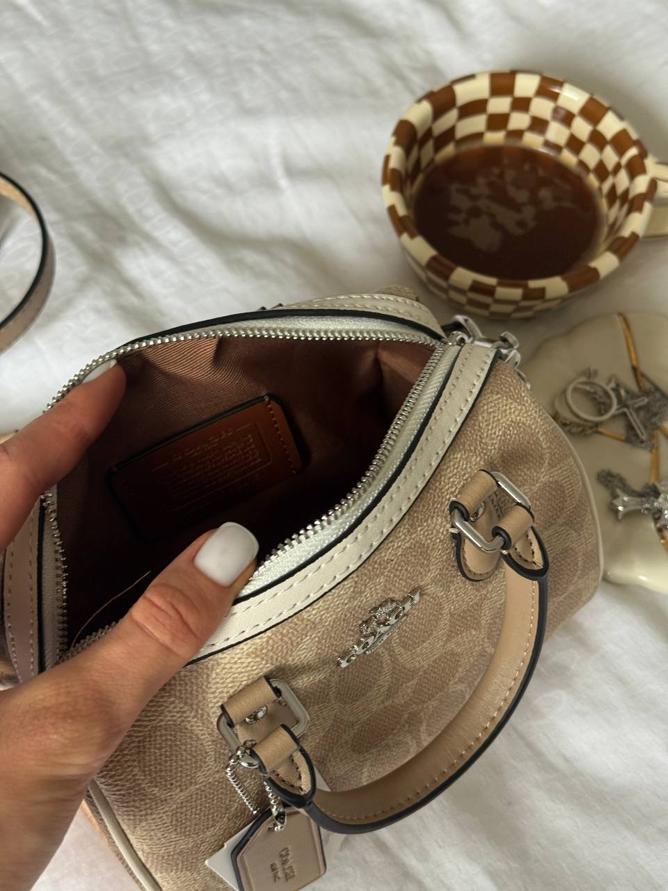 Coach Rowan Satchel Bag In Signature Canvas Beige - 11