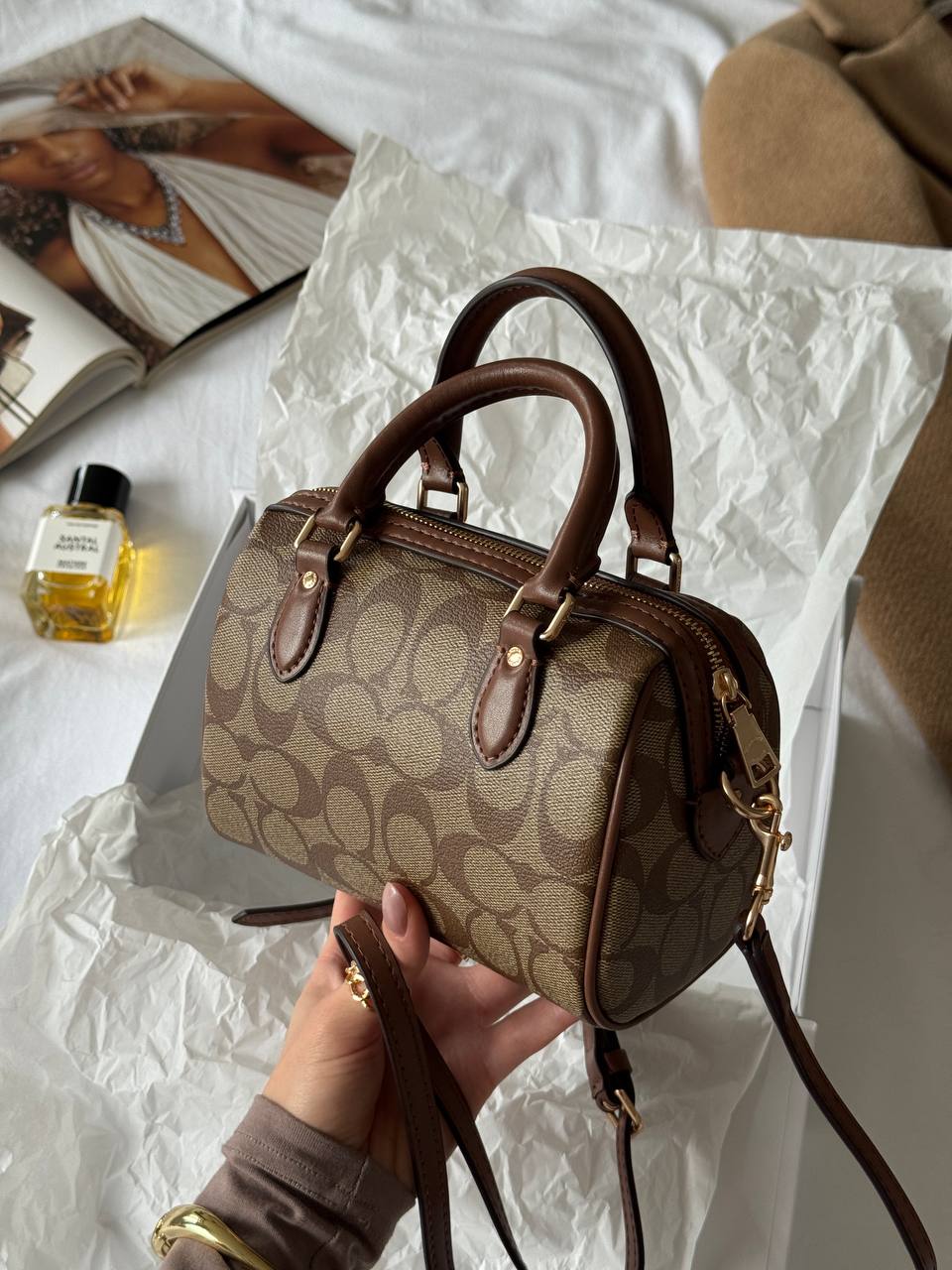 Coach Rowan Satchel Bag In Signature Canvas Brown/Beige - 13