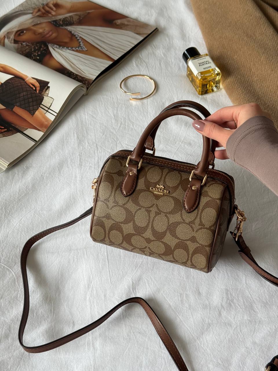 Coach Rowan Satchel Bag In Signature Canvas Brown/Beige - 3