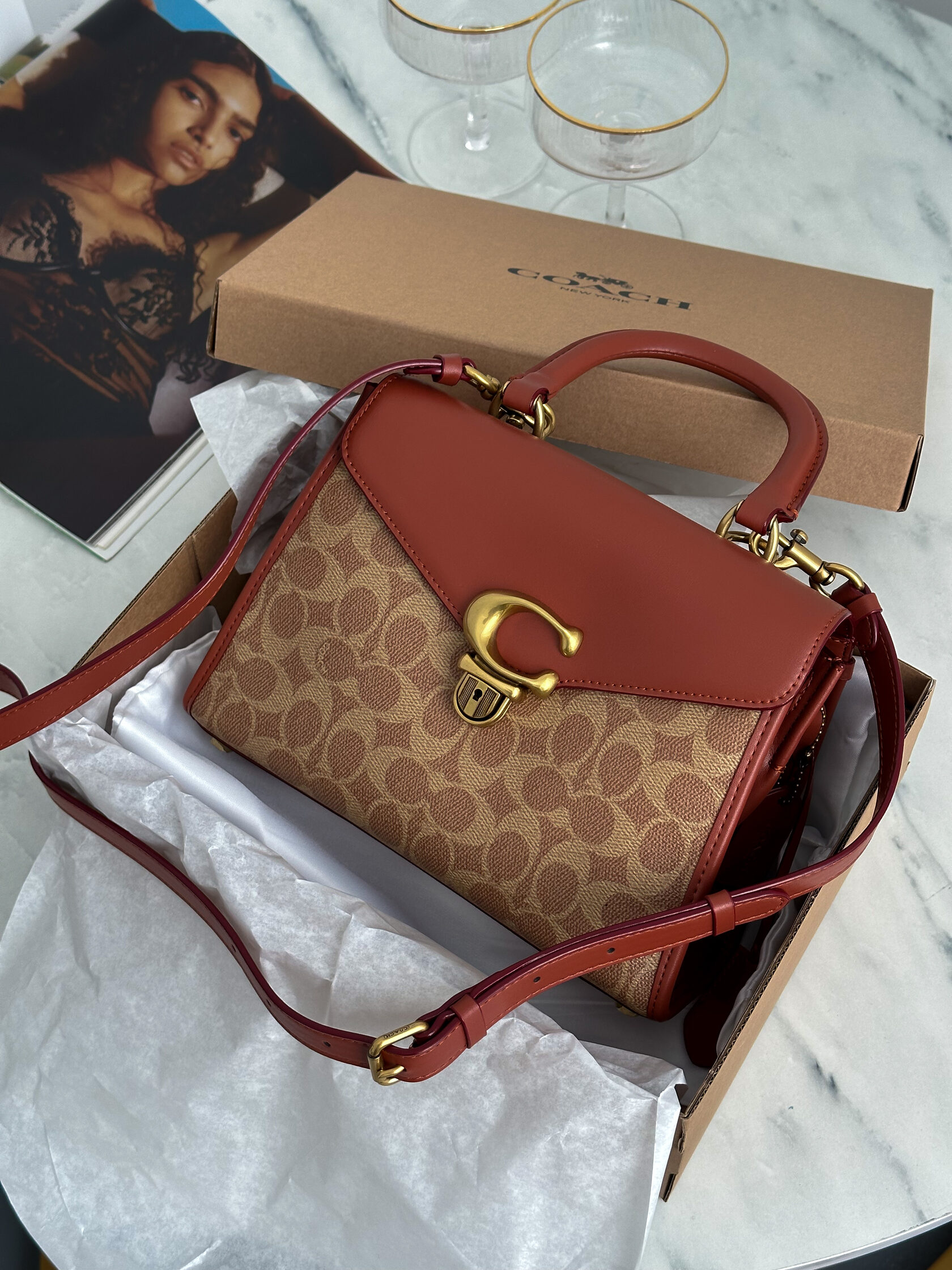 Coach Sammy Top Handle Bag in Signature Canvas Brass/Tan/Rust - 2