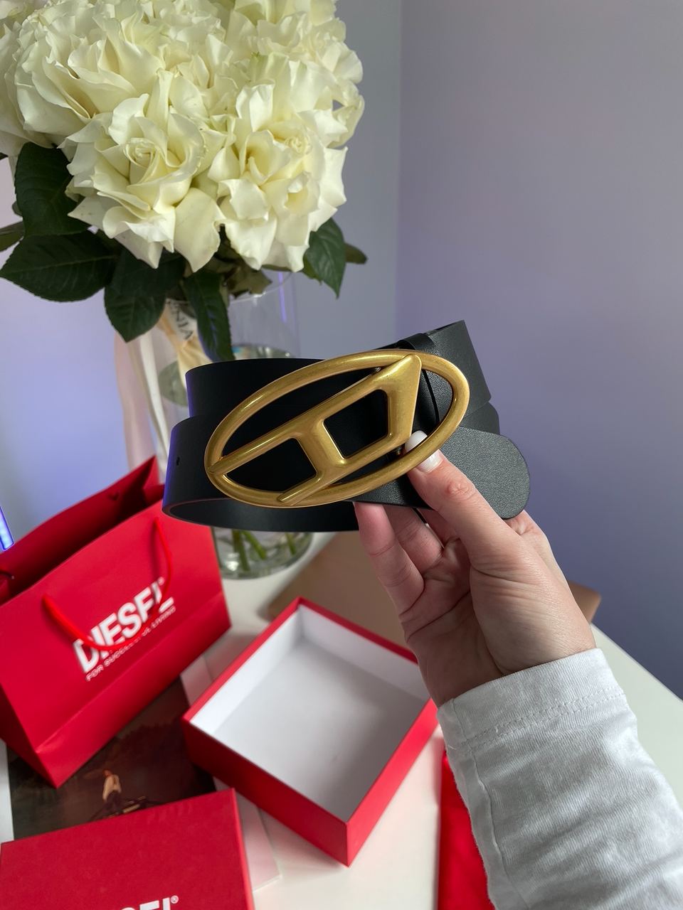 Diesel Slim Glittery Belt With Oval D Buckle Gold - 4