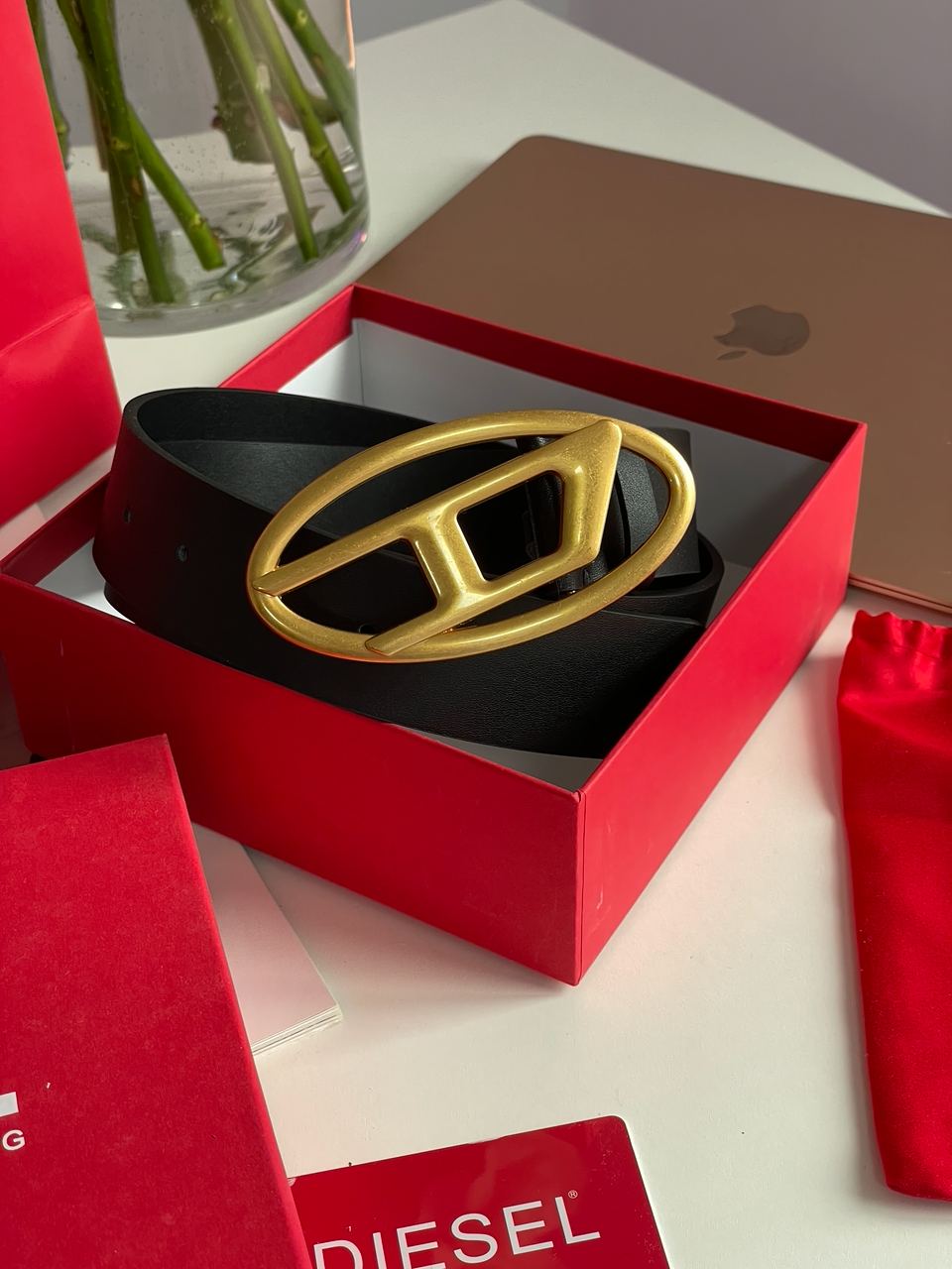 Diesel Slim Glittery Belt With Oval D Buckle Gold - 6