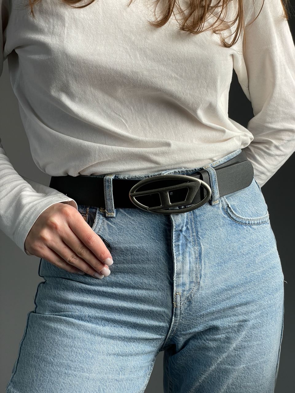Diesel Slim Glittery Belt With Oval D Buckle Silver - 3