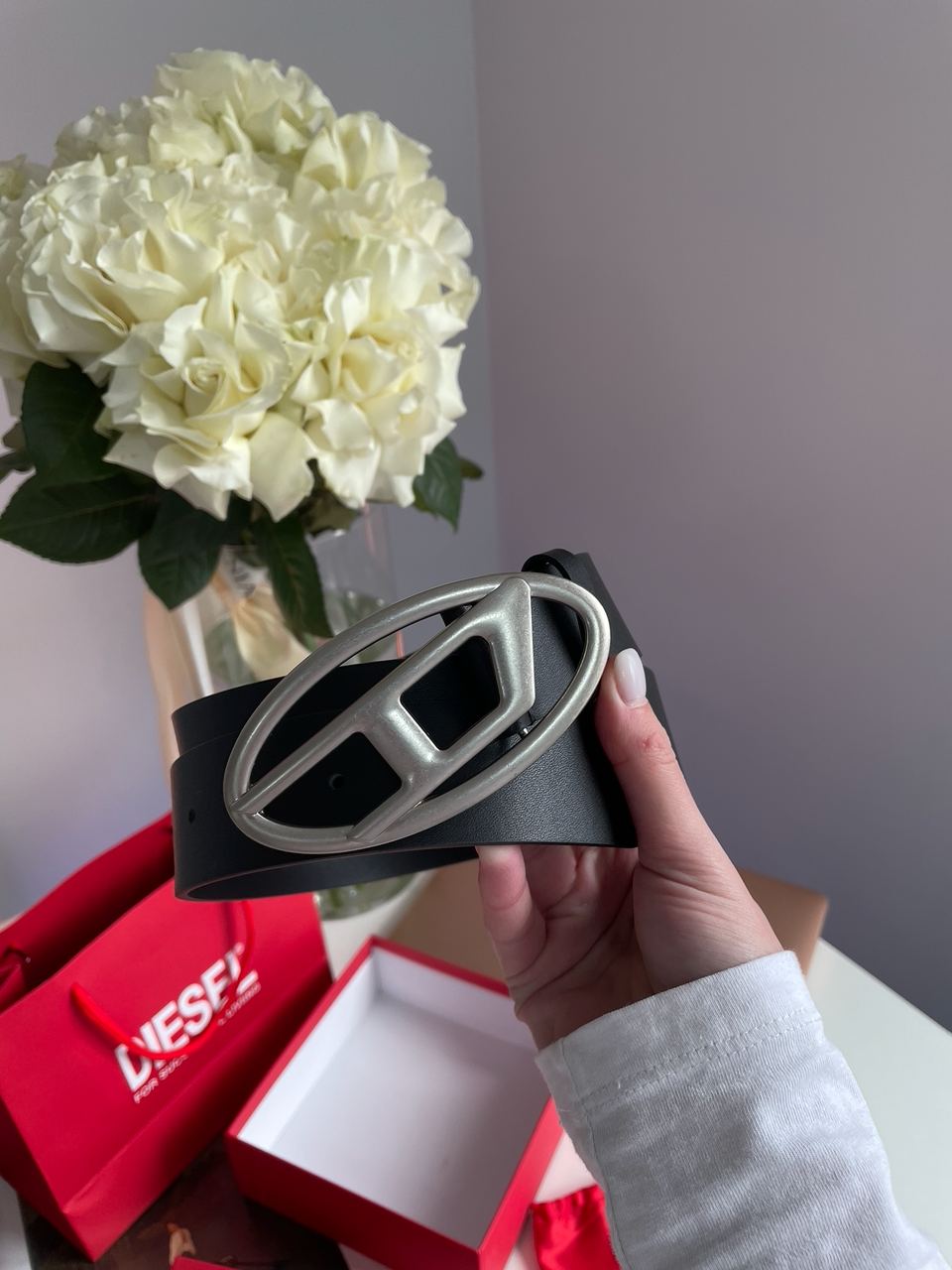 Diesel Slim Glittery Belt With Oval D Buckle Silver - 8