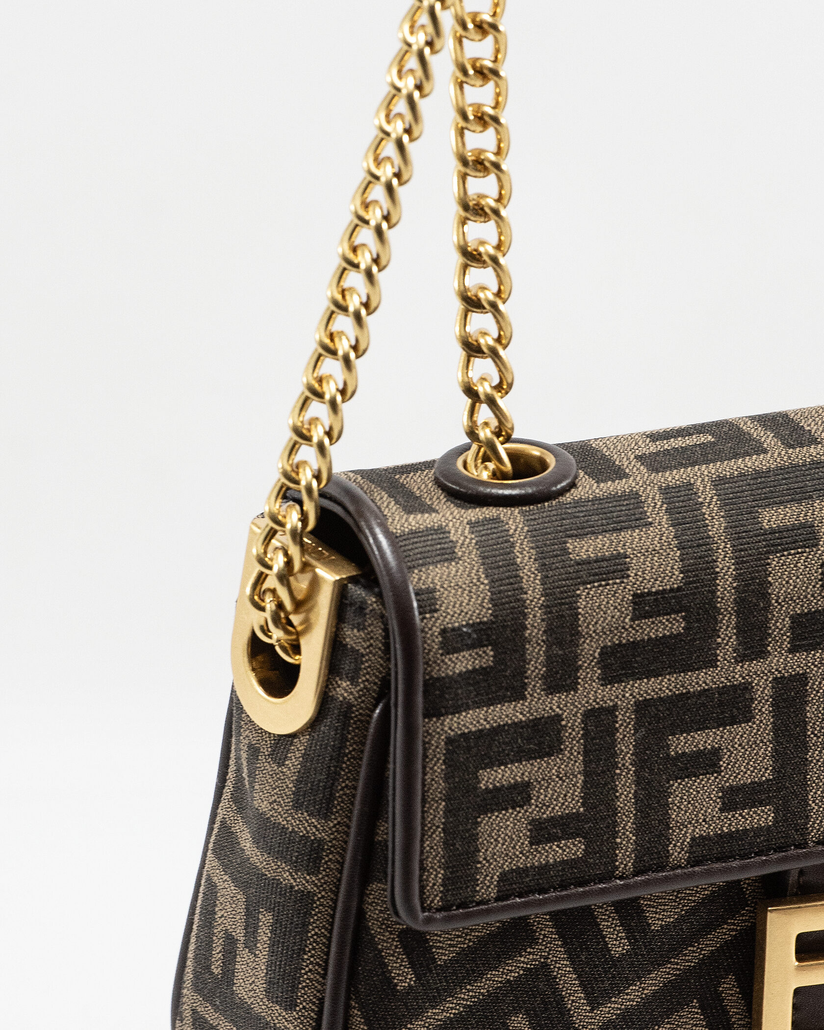 Fendi Brown FF Jacquard Fabric Baguette Chain Midi Bag - 12