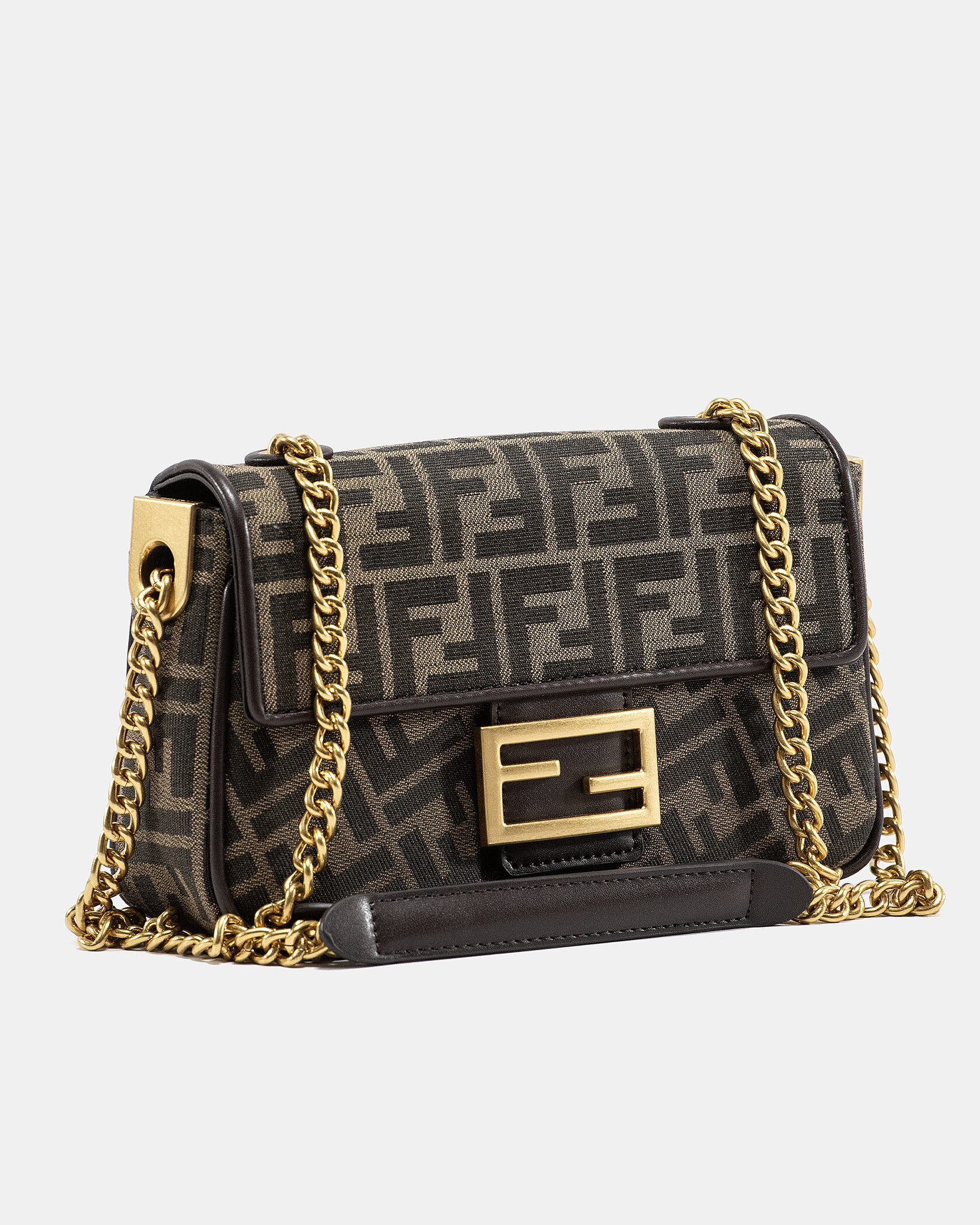 Fendi Brown FF Jacquard Fabric Baguette Chain Midi Bag - 6