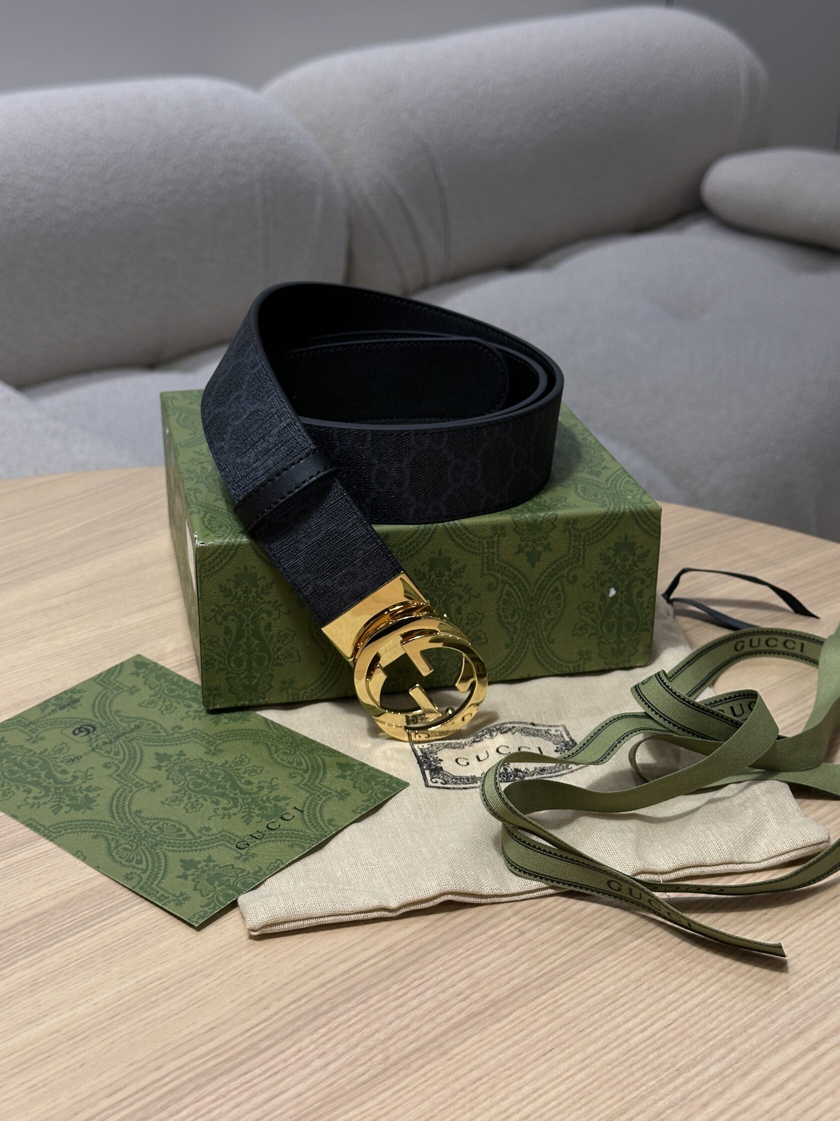 Gucci Belt with Interlocking G Buckle Grey Canvas/Gold - 4