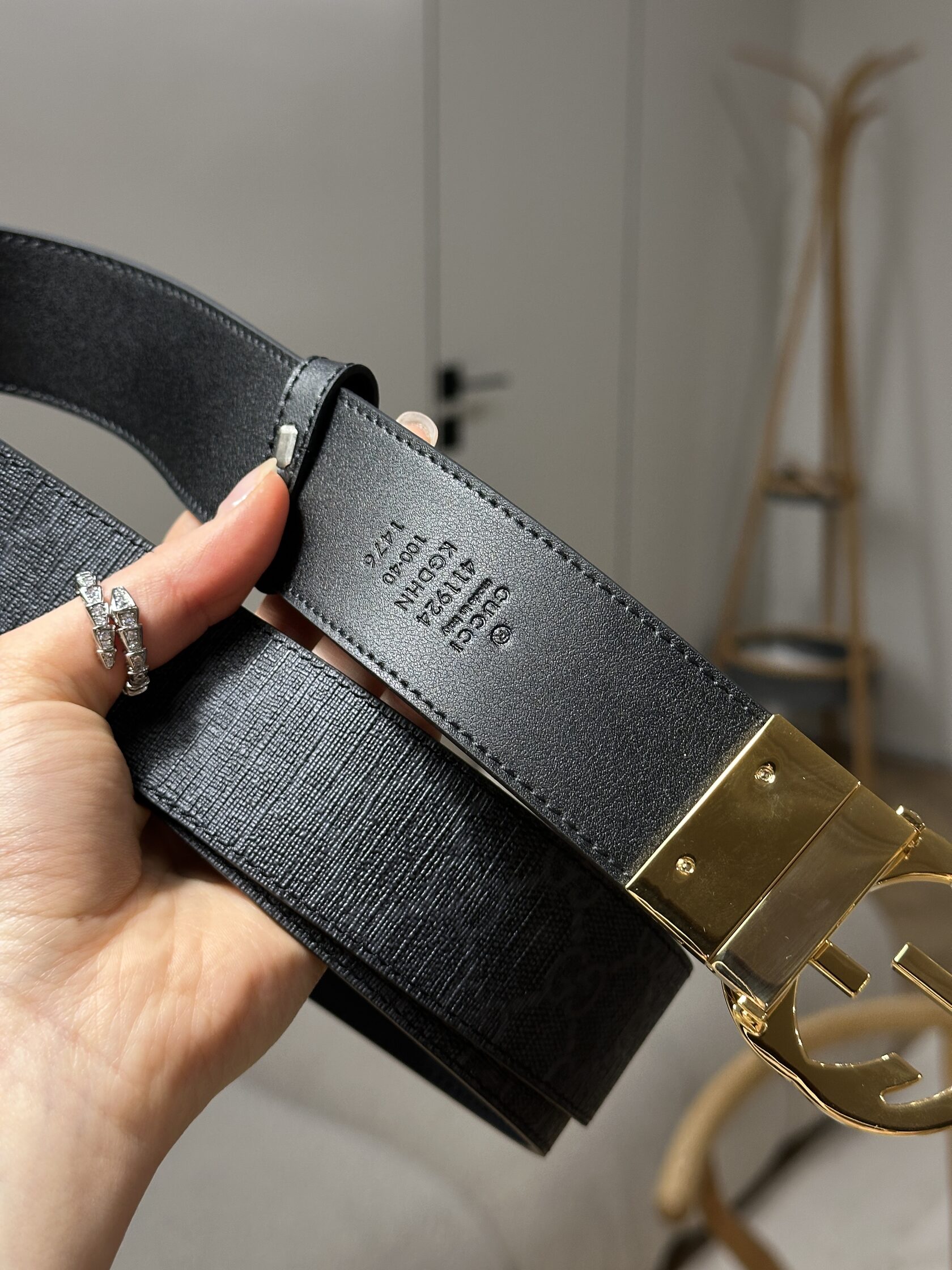 Gucci Belt with Interlocking G Buckle Grey Canvas/Gold - 9