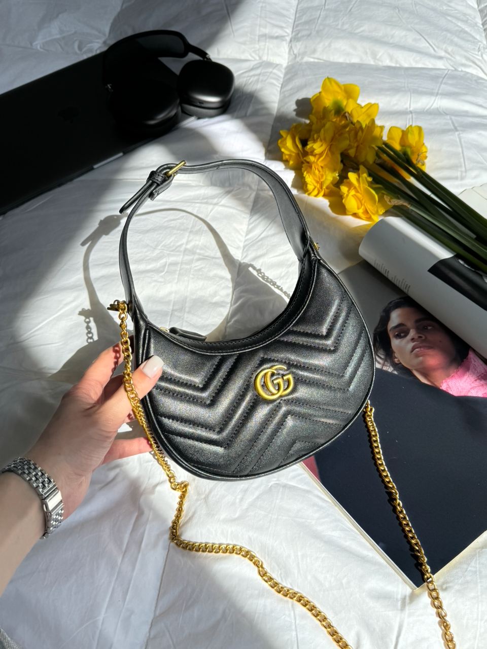 Gucci Half Moon Marmont Leather Shoulder Bag - 6