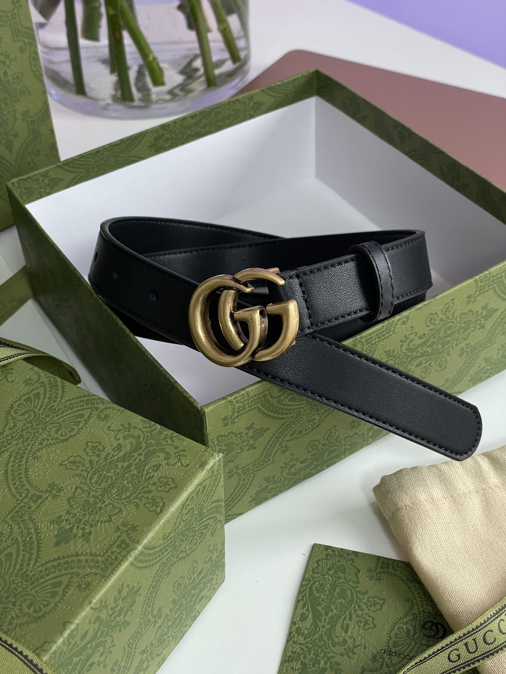 Gucci Leather Belt With Double G Gold Buckle - 5