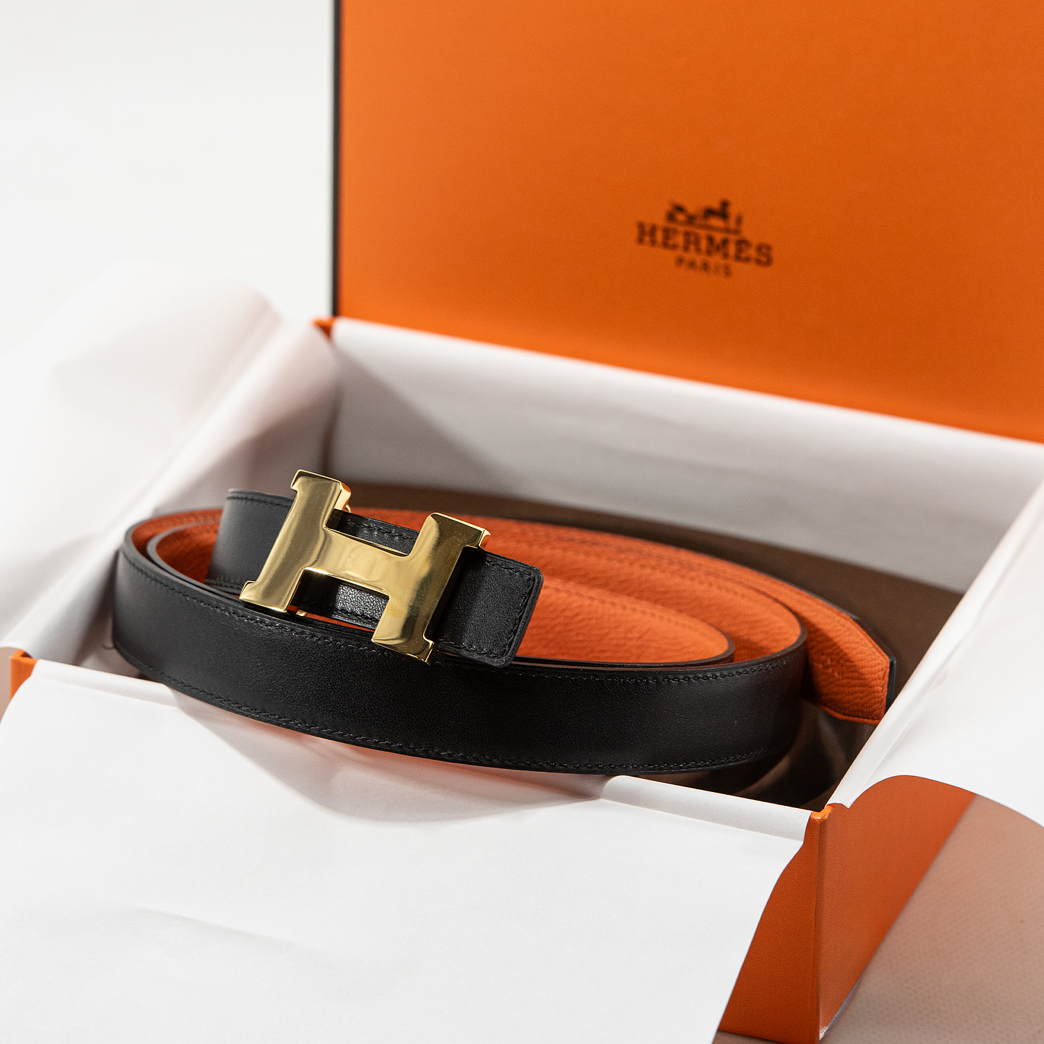 Hermès H Reversible Belt in Black/Orange Leather with Gold Buckle