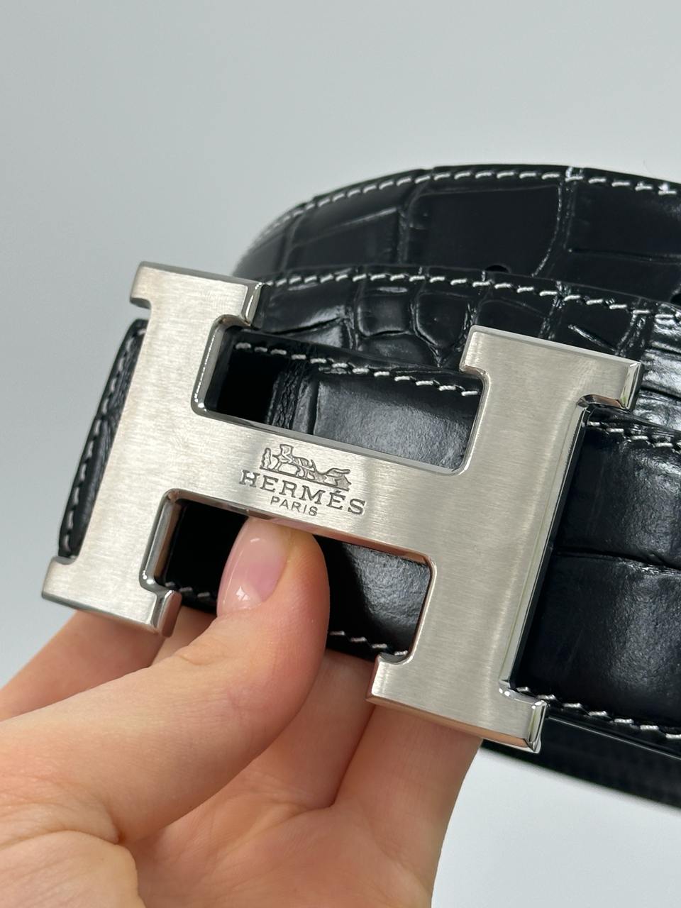Hermes Constance Belt in Porosus crocodile Black/Silver - 6