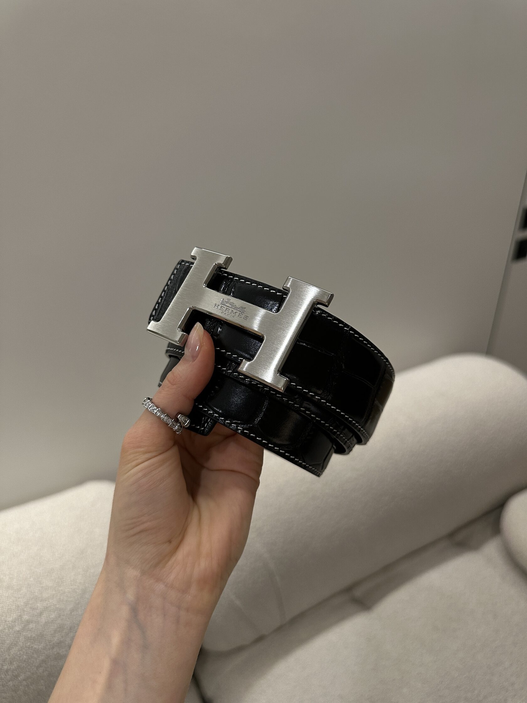 Hermes Constance Belt in Porosus crocodile Black/Silver - 7