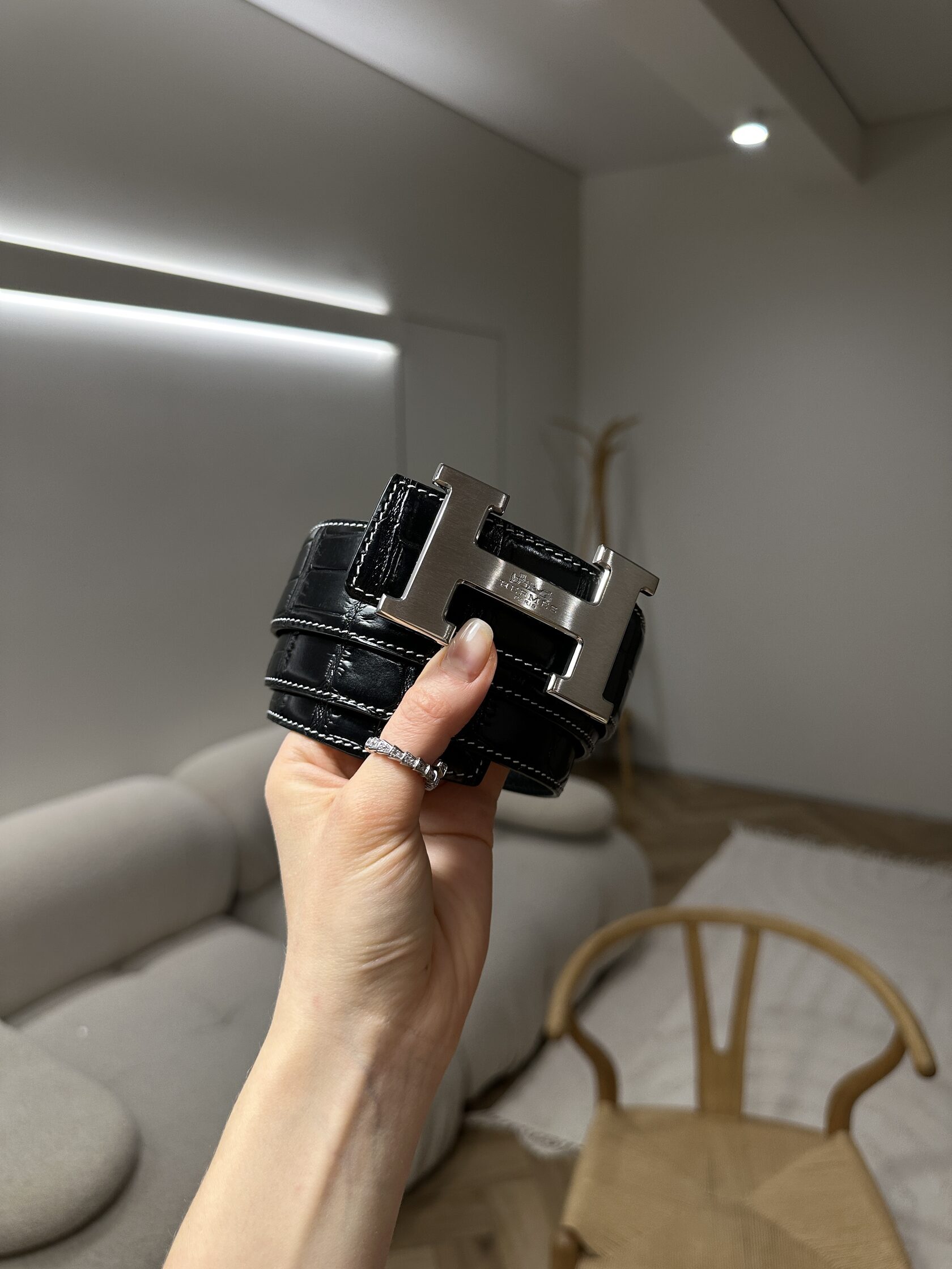 Hermes Constance Belt in Porosus crocodile Black/Silver - 8