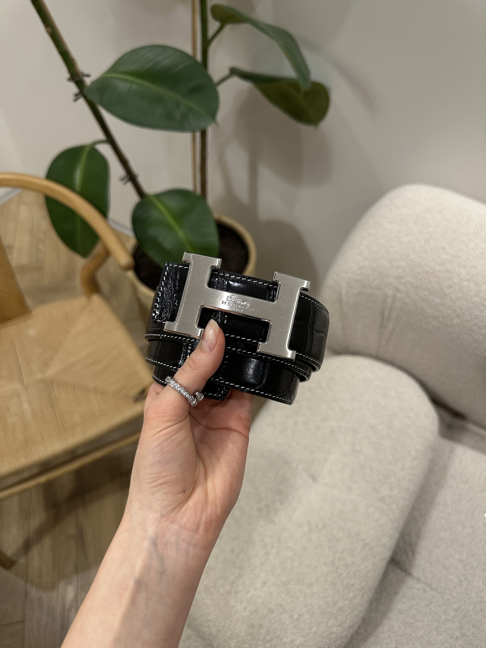 Hermes Constance Belt in Porosus crocodile Black/Silver - 9