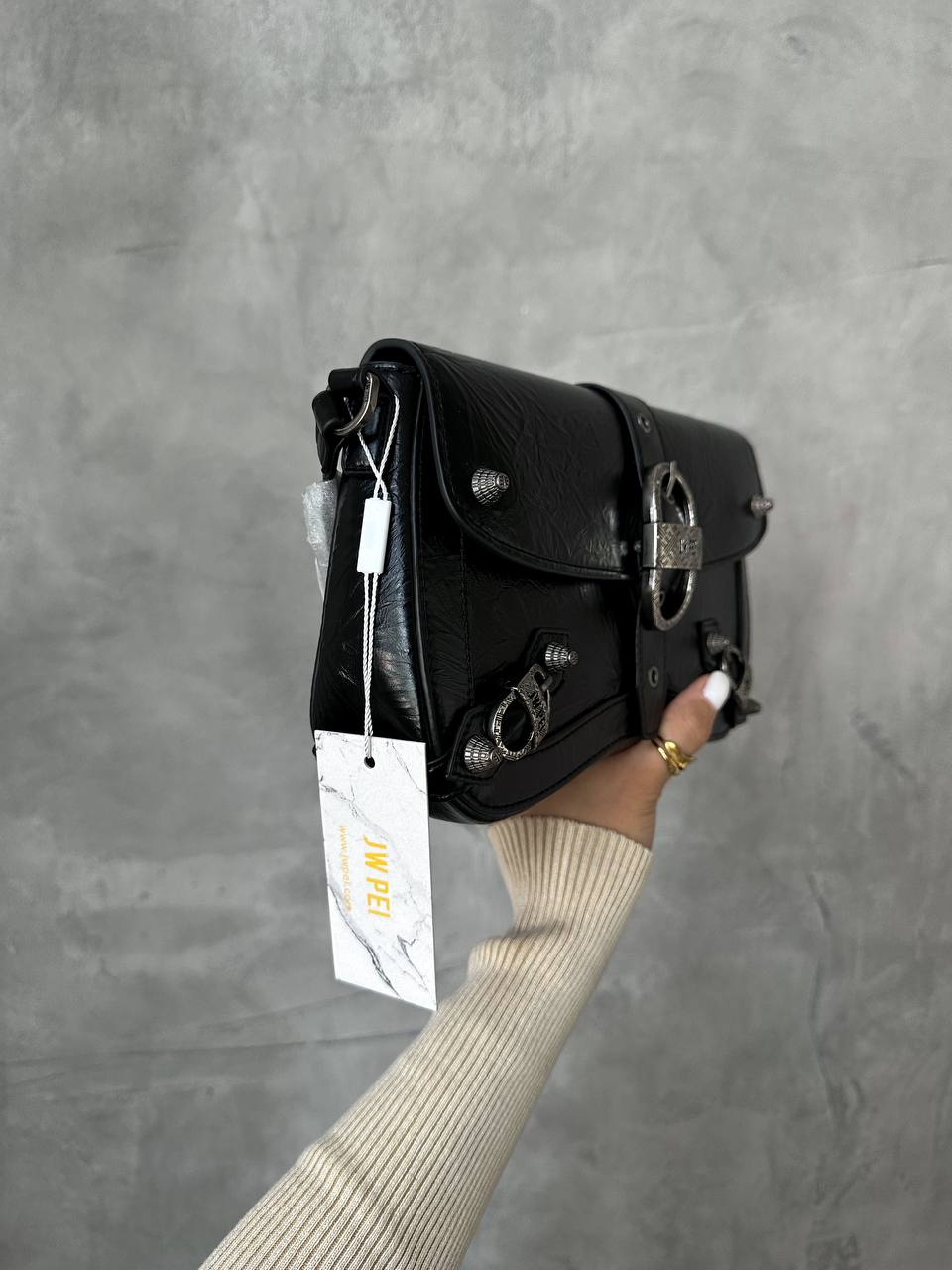 JW PEI Sia Crushed Shoulder Bag Bright Black - 7