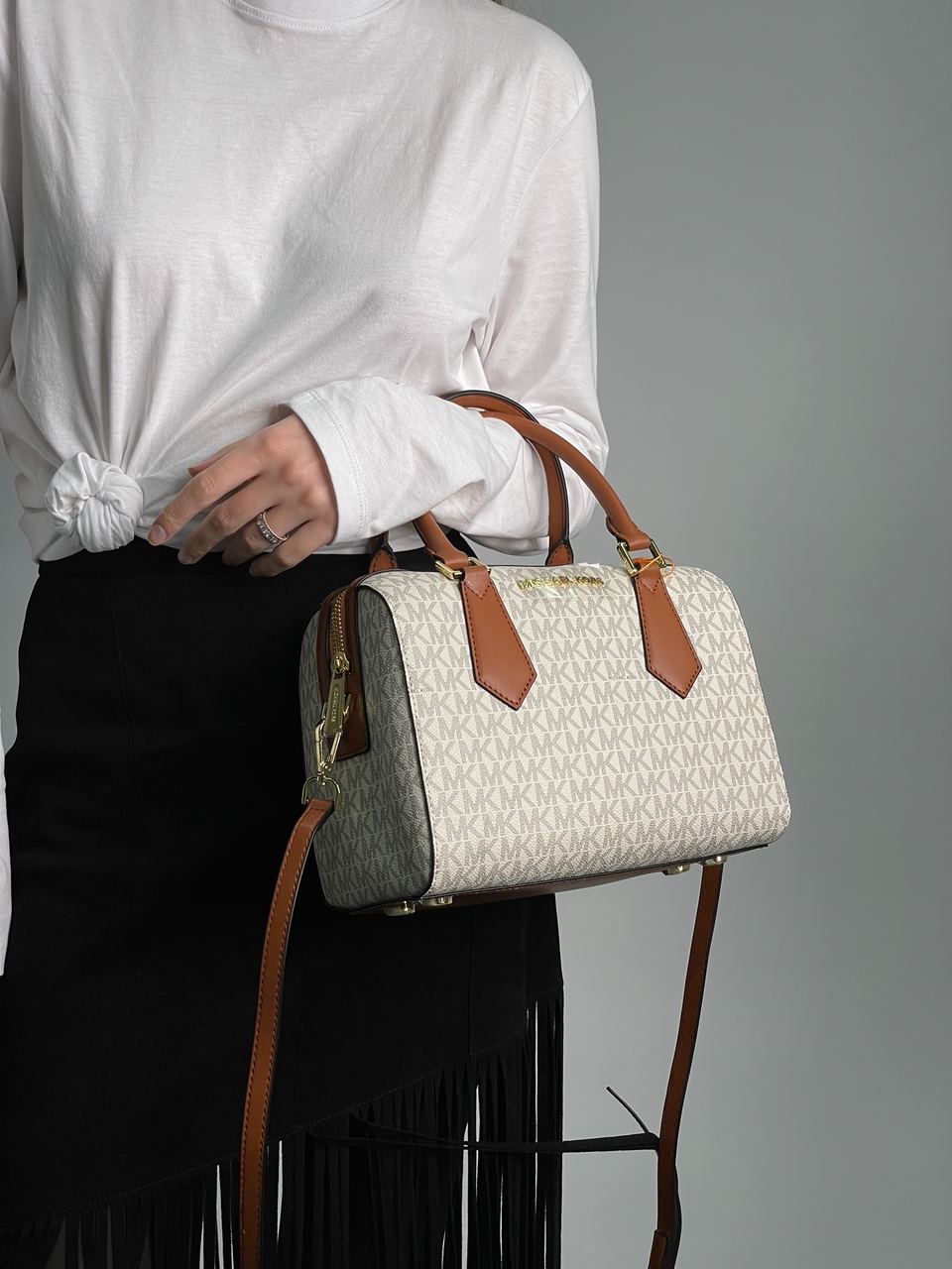 Michael Kors Small Hayes Duffle Crossbody Bag Vanilla/Luggage - 7