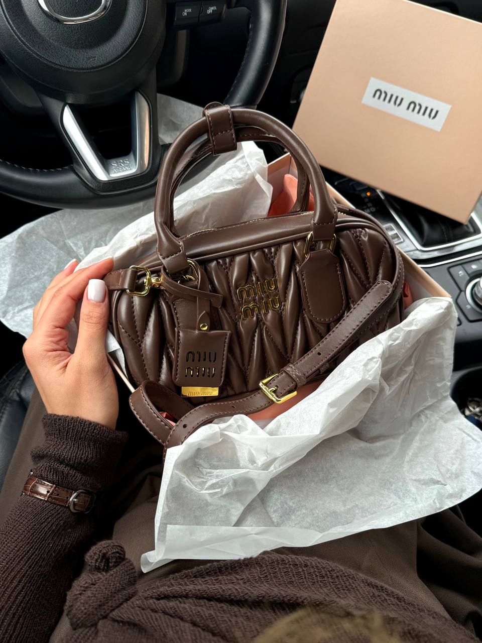 Miu Miu Arcadie Matelassé Nappa Leather Bag Chocolate - 2