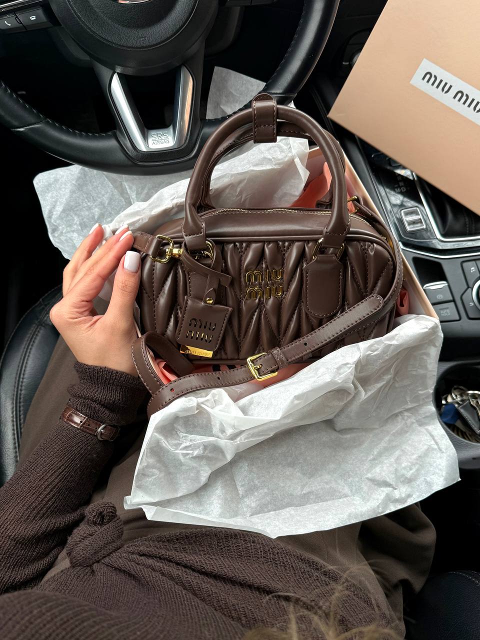 Miu Miu Arcadie Matelassé Nappa Leather Bag Chocolate - 3