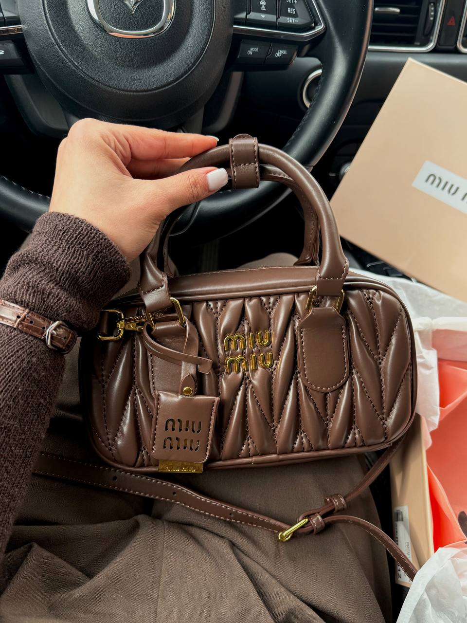 Miu Miu Arcadie Matelassé Nappa Leather Bag Chocolate - 4