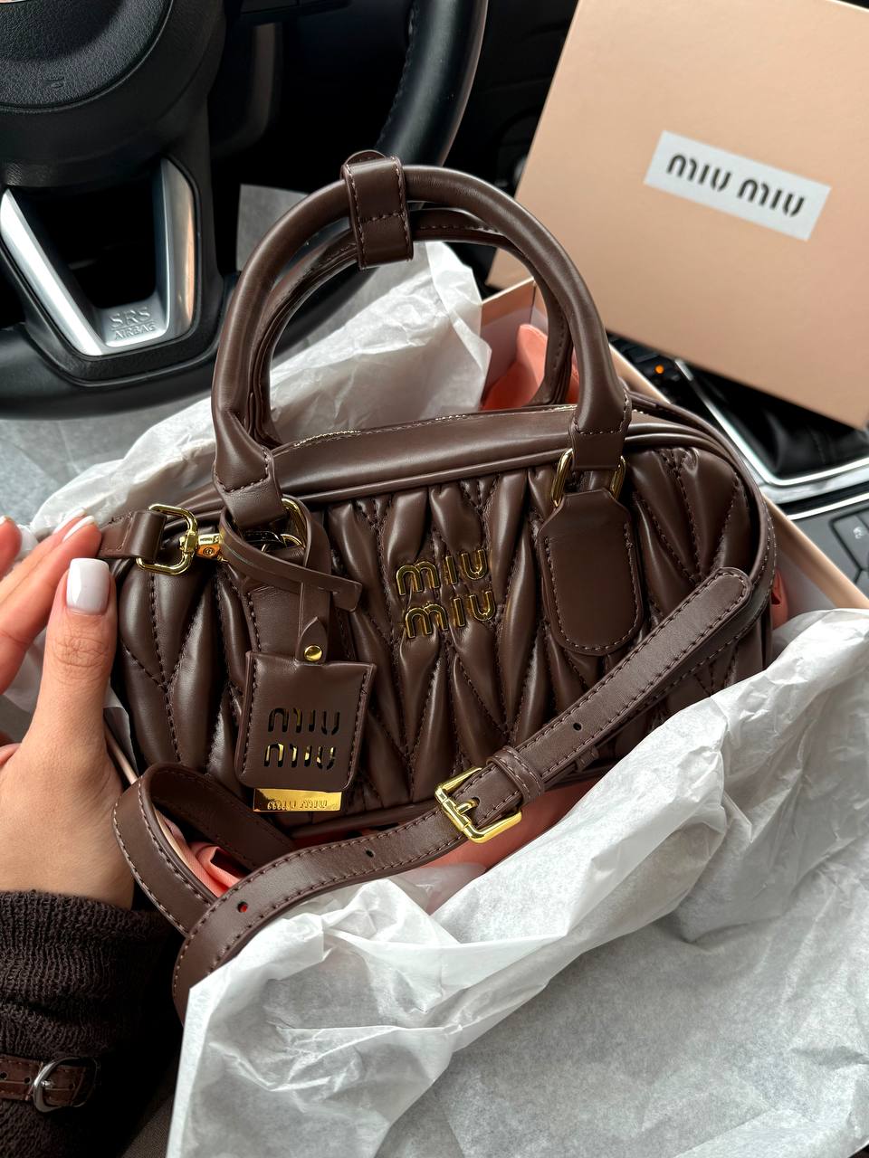 Miu Miu Arcadie Matelassé Nappa Leather Bag Chocolate - 8