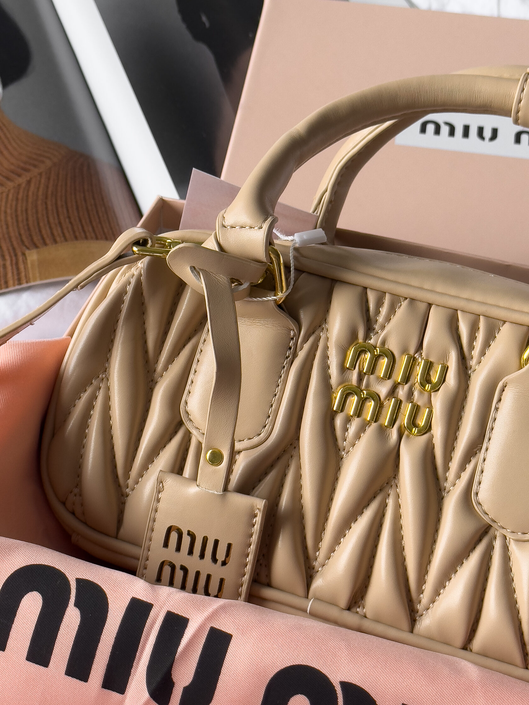Miu Miu Arcadie Matelasse Mini Nappa Leather Bag Beige - 4
