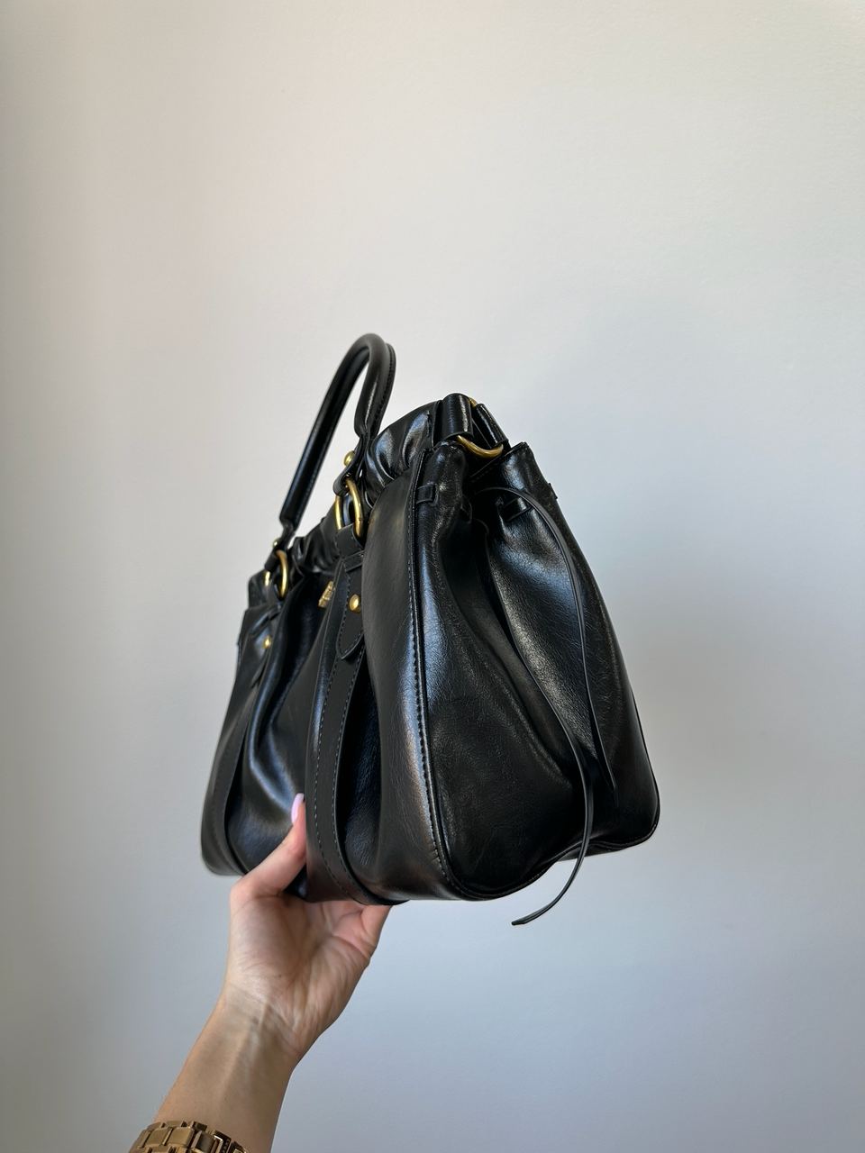 Miu Miu Black Vitello Lux Leather Gathered Tote - 9