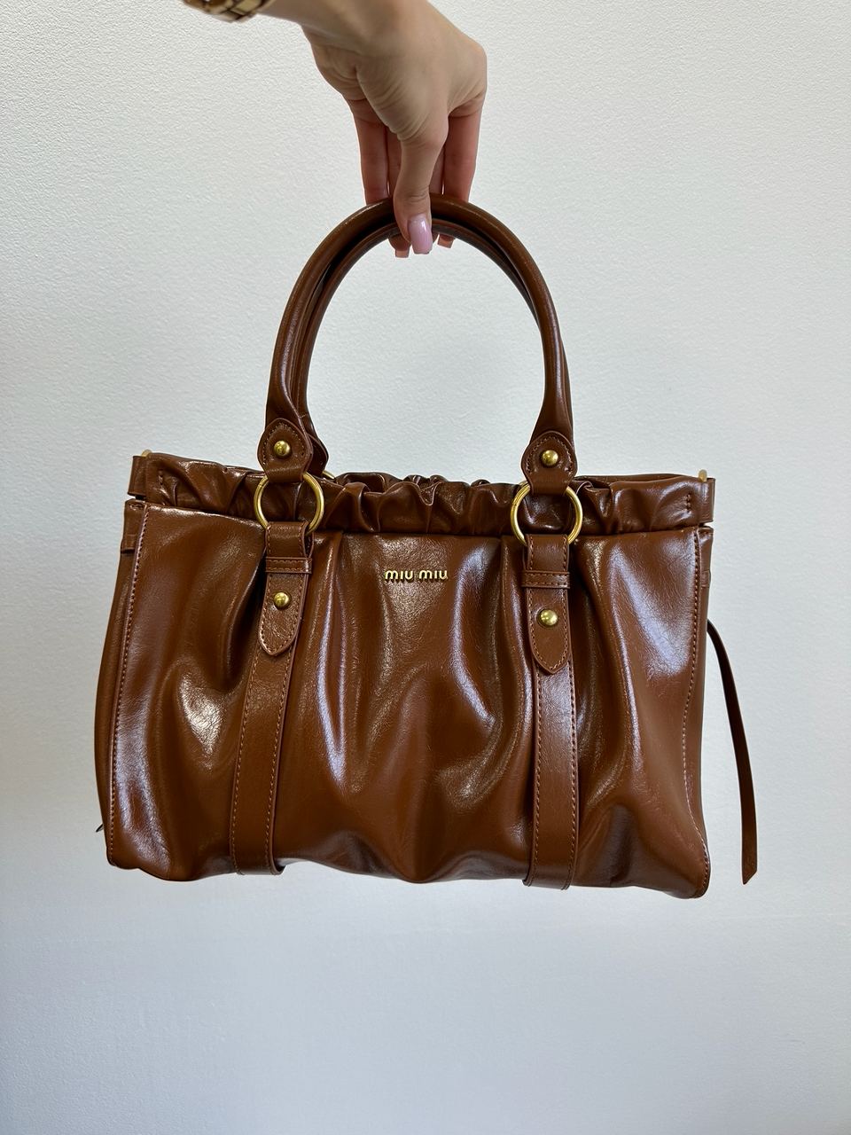 Miu Miu Brown Vitello Lux Leather Gathered Tote - 2