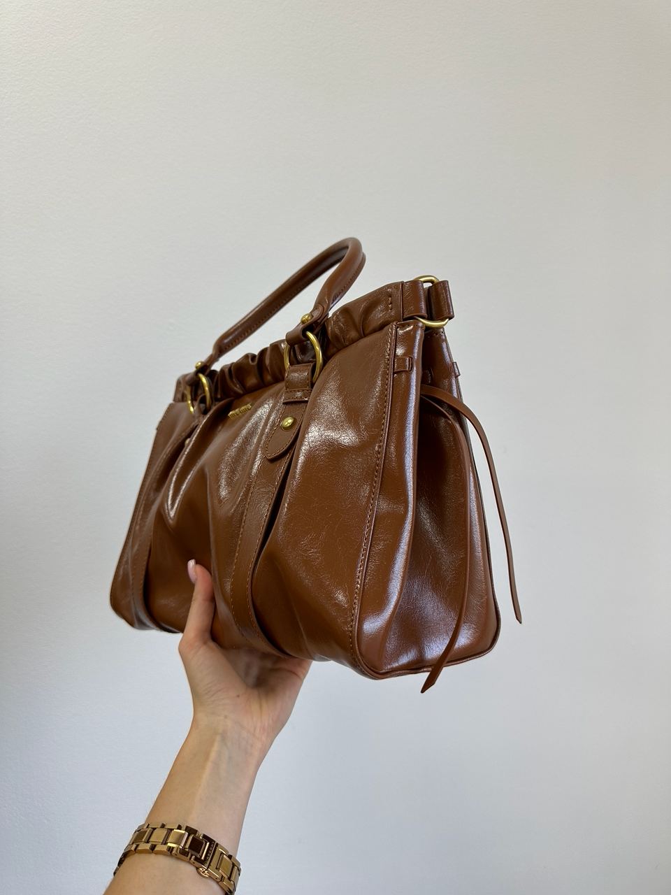 Miu Miu Brown Vitello Lux Leather Gathered Tote - 5