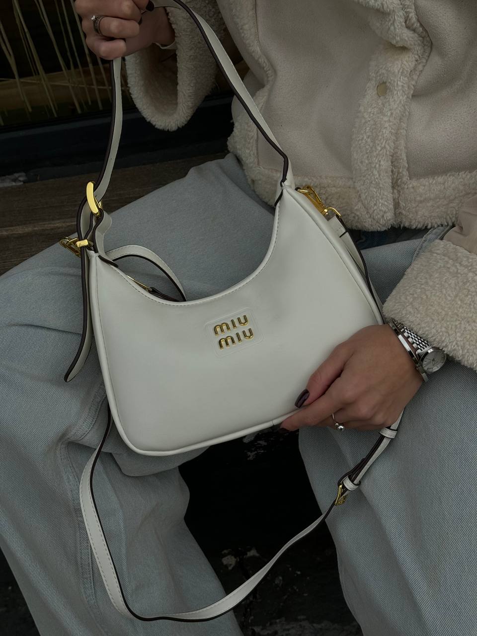 Miu Miu Leather Hobo Bag White - 2