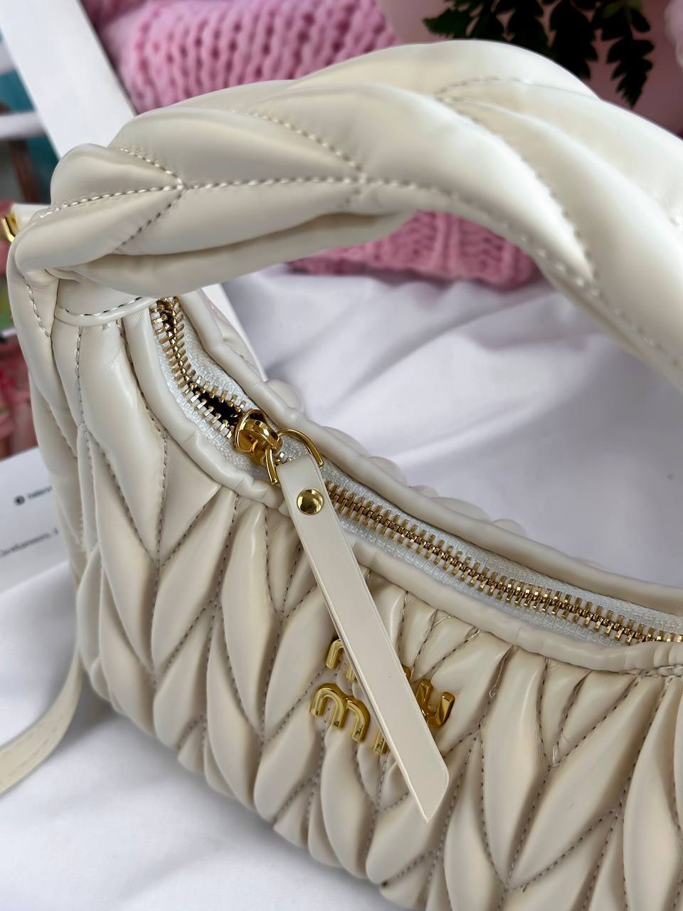 Miu Miu Wander Matelassé Nappa Leather Mini Hobo Bag Cream - 15