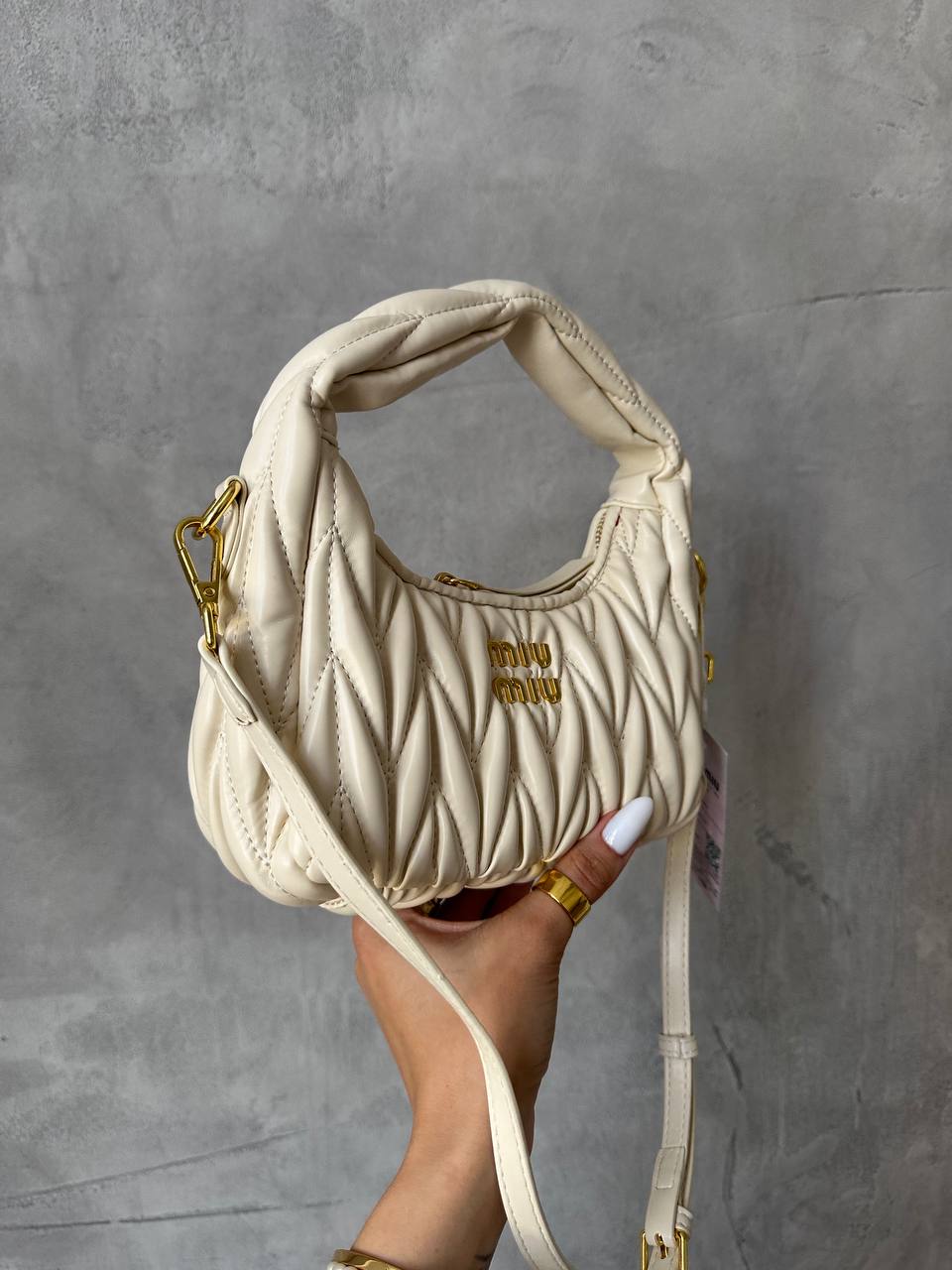 Miu Miu Wander Matelassé Nappa Leather Mini Hobo Bag Cream - 7