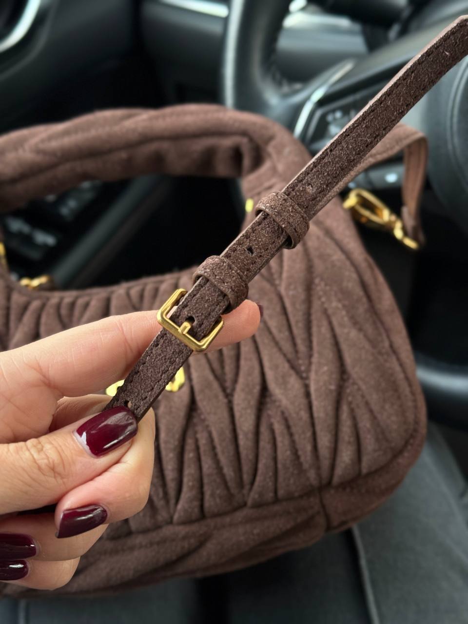 Miu Miu Wander Matelassé Nappa Suede Mini Hobo Bag Brown - 13