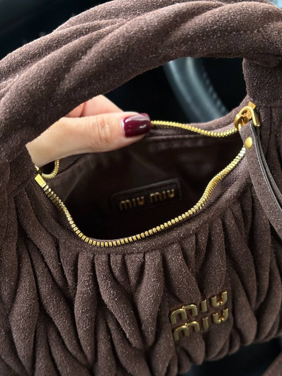 Miu Miu Wander Matelassé Nappa Suede Mini Hobo Bag Brown - 14