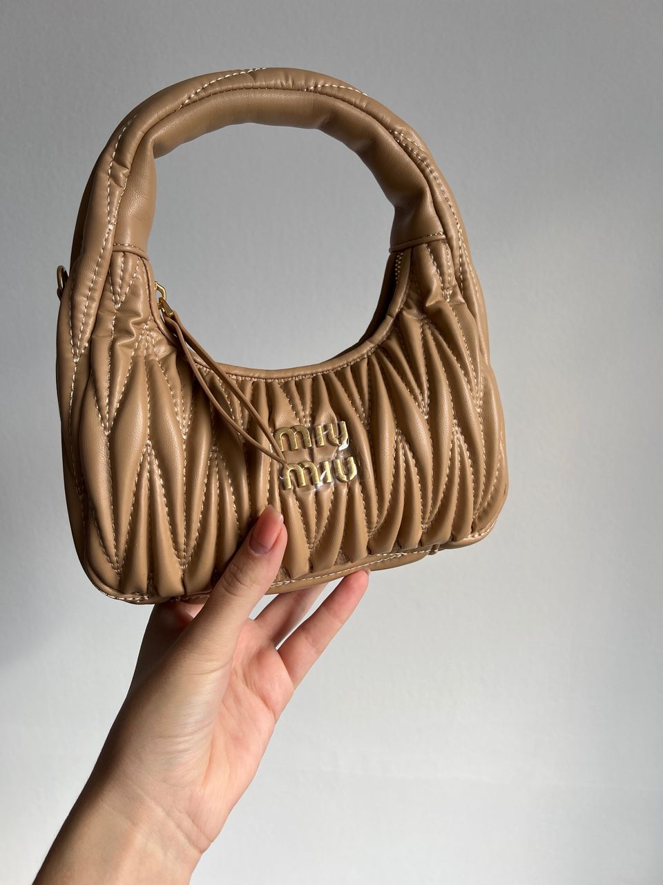 MiuMiu Wander Matelass? Nappa Leather Mini Hobo Bag Beige - 10