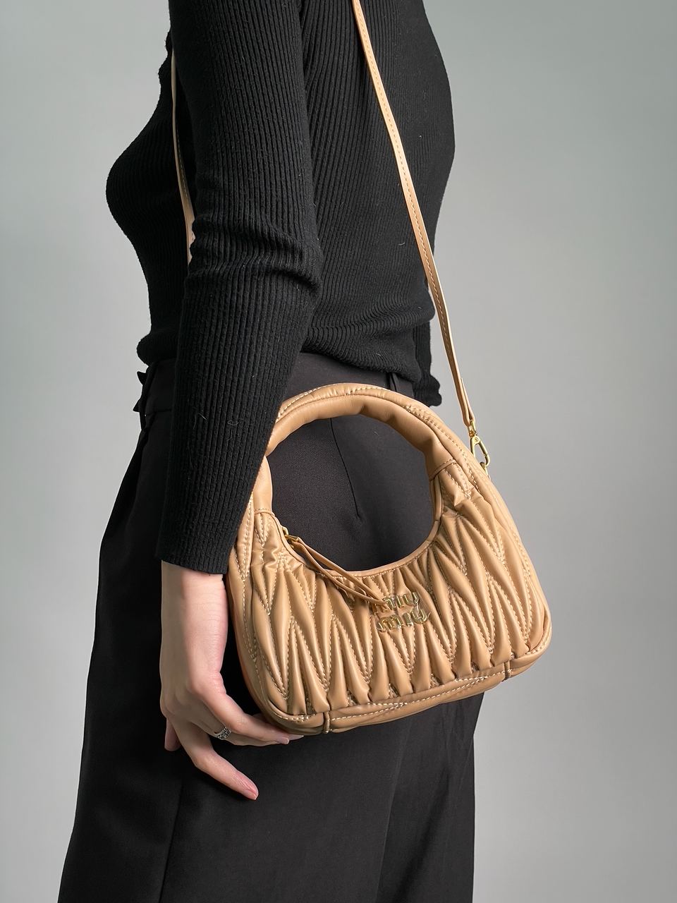 MiuMiu Wander Matelass? Nappa Leather Mini Hobo Bag Beige - 6