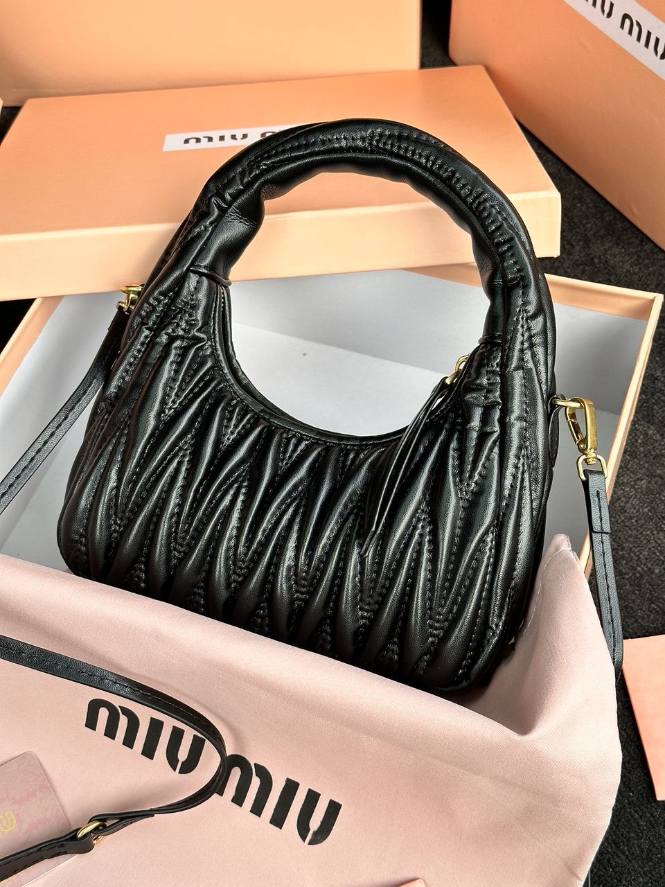 MiuMiu Wander Matelassé Nappa Leather Mini Hobo Bag Black - 14