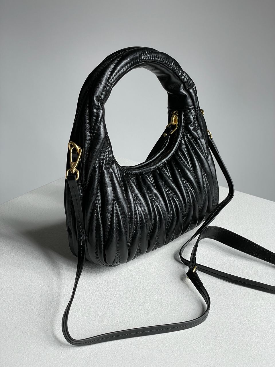 MiuMiu Wander Matelassé Nappa Leather Mini Hobo Bag Black - 15