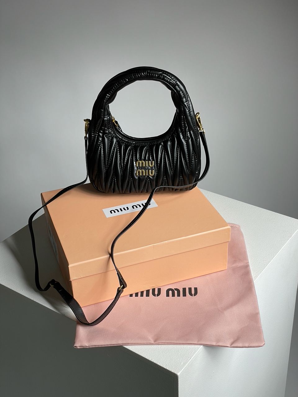 MiuMiu Wander Matelassé Nappa Leather Mini Hobo Bag Black - 2