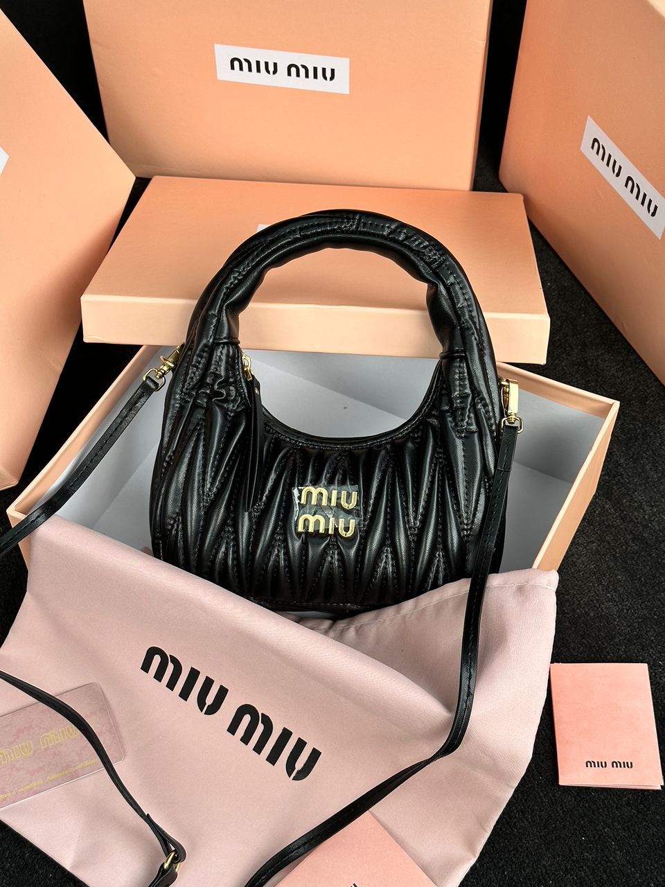 MiuMiu Wander Matelassé Nappa Leather Mini Hobo Bag Black - 4