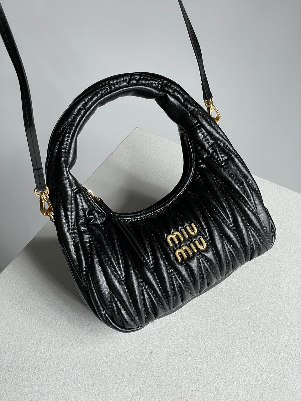 MiuMiu Wander Matelassé Nappa Leather Mini Hobo Bag Black - 5
