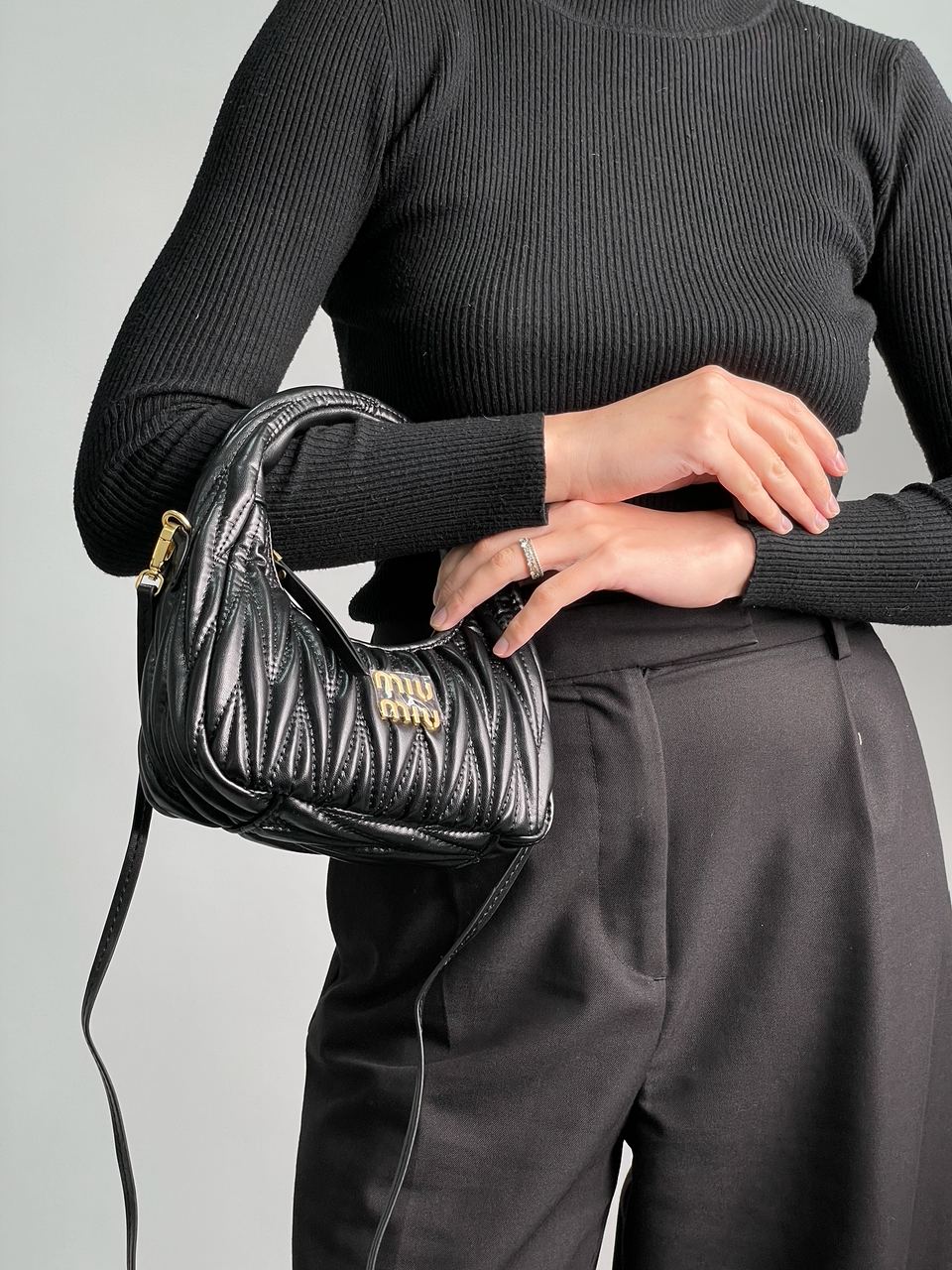 MiuMiu Wander Matelassé Nappa Leather Mini Hobo Bag Black - 9