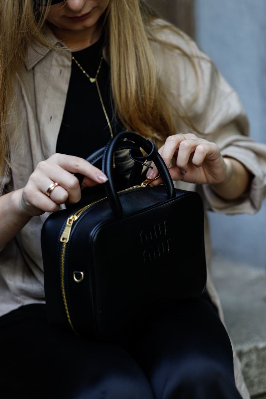 MiuMu Leather Top Handle Bag Black - 10