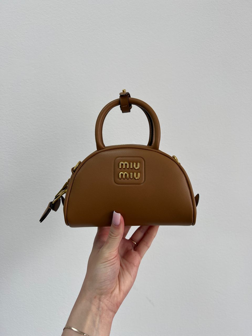 MiuMu Leather Top Handle Bag Brown - 13