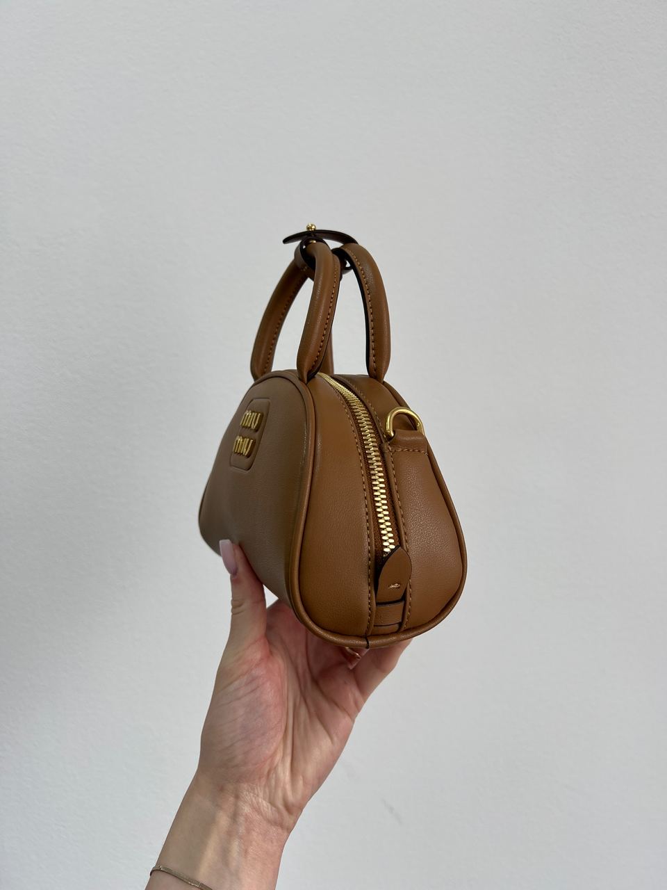 MiuMu Leather Top Handle Bag Brown - 18
