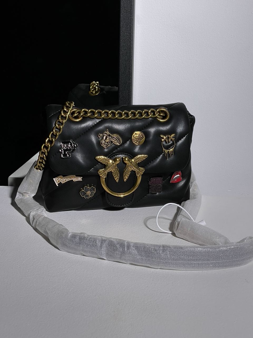 Pinko Black Quilted Leather Love Mini Puff Pins - 4