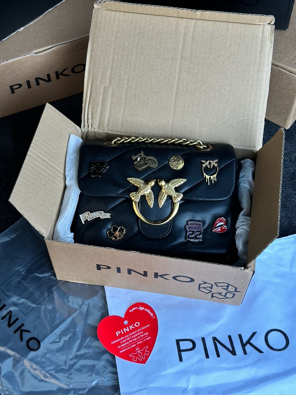 Pinko Black Quilted Leather Love Mini Puff Pins - 6