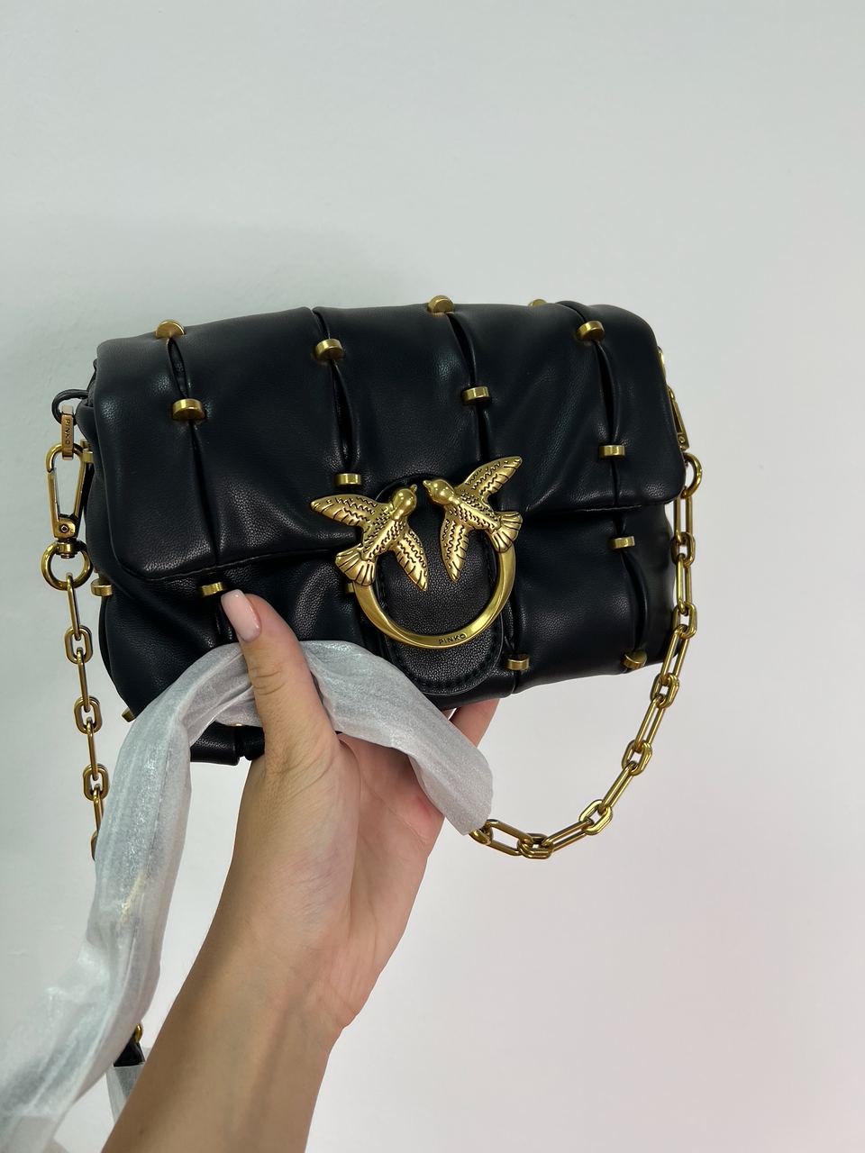 Pinko Black Quilted Leather Love Mini Puff Staples - 8