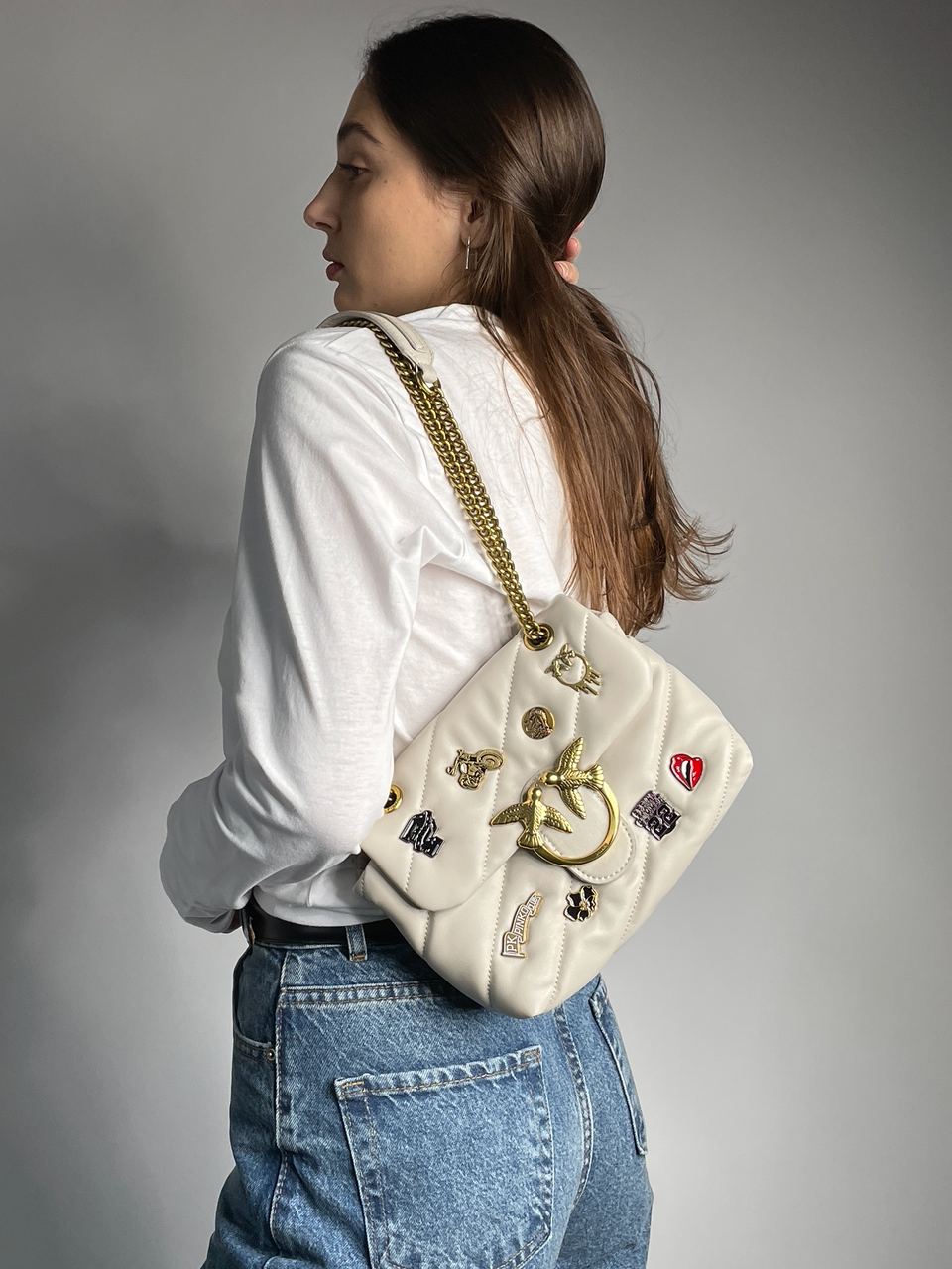 Pinko Grey Quilted Leather Love Mini Puff Pins - 5