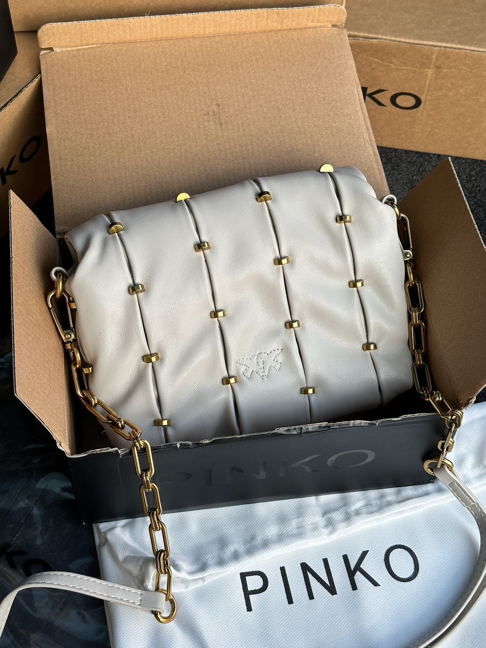 Pinko Grey Quilted Leather Love Mini Puff Staples - 11